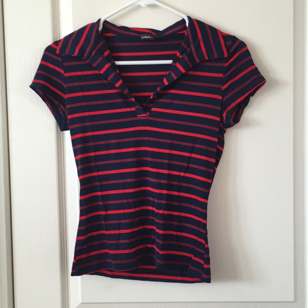 navy blue and red striped polo